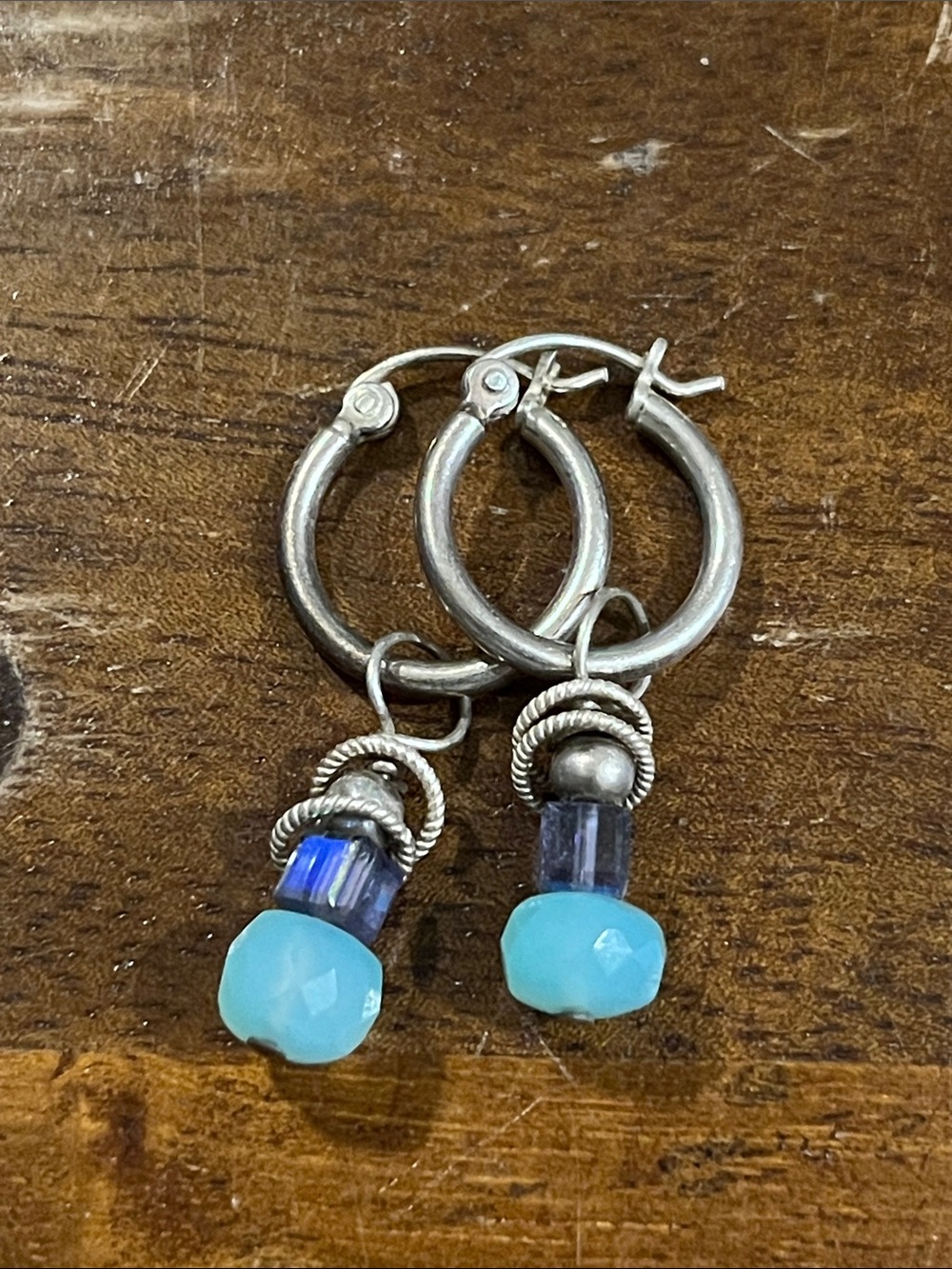 Sterling Silver Hoop Earrings with Peruvian Opal Blue Drop Beads - Women's Jewel